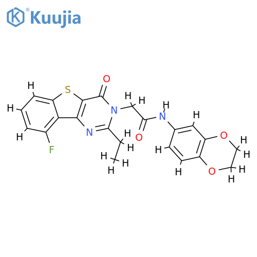 N-(2,3-dihydro-1,4-benzodioxin-6-yl)-2-{4-ethyl-13-fluoro-6-oxo-8-thia-3,5-diazatricyclo[7.4.0.0^{2,7}]trideca-1(13),2(7),3,9,11-pentaen-5-yl}acetamide structure