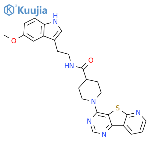 N-[2-(5-methoxy-1H-indol-3-yl)ethyl]-1-{8-thia-3,5,10-triazatricyclo[7.4.0.0^{2,7}]trideca-1(13),2(7),3,5,9,11-hexaen-6-yl}piperidine-4-carboxamide structure