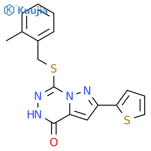 7-{[(2-methylphenyl)methyl]sulfanyl}-2-(thiophen-2-yl)-4H,5H-pyrazolo[1,5-d][1,2,4]triazin-4-one structure