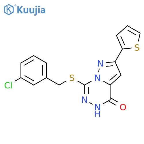 7-{[(3-chlorophenyl)methyl]sulfanyl}-2-(thiophen-2-yl)-4H,5H-pyrazolo[1,5-d][1,2,4]triazin-4-one structure