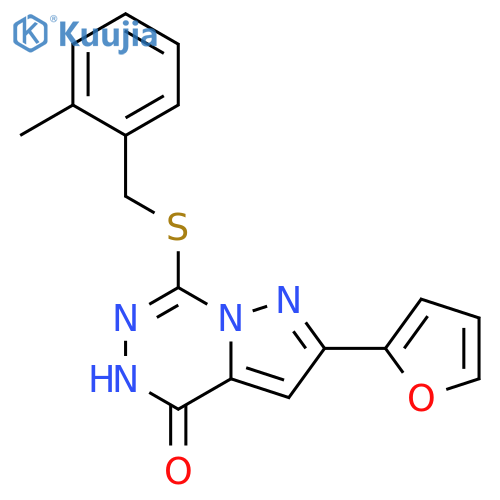 2-(furan-2-yl)-7-{[(2-methylphenyl)methyl]sulfanyl}-4H,5H-pyrazolo[1,5-d][1,2,4]triazin-4-one structure
