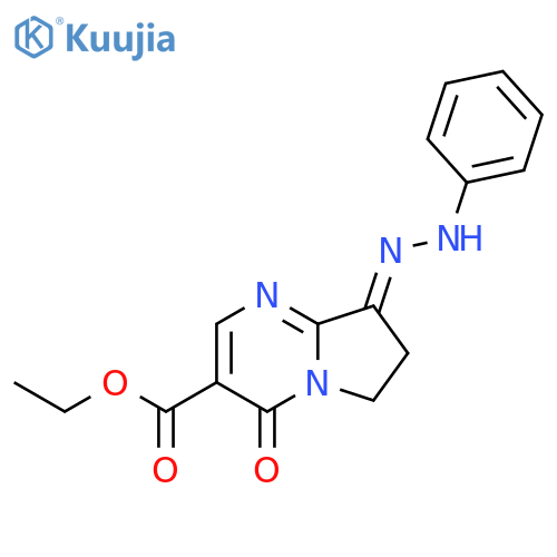 Pyrrolo[1,2-a]pyrimidine-3-carboxylic acid, 4,6,7,8-tetrahydro-4-oxo-8-(phenylhydrazono)-, ethyl ester structure