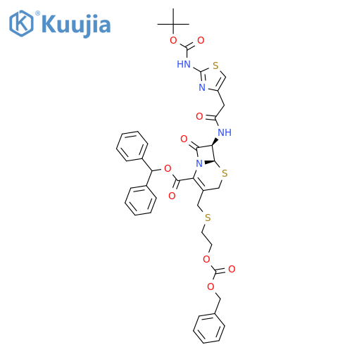 5-Thia-1-azabicyclo[4.2.0]oct-2-ene-2-carboxylic acid, 7-[[[2-[[(1,1-dimethylethoxy)carbonyl]amino]-4-thiazolyl]acetyl]amino]-8- oxo-3-[[[2-[[(phenylmethoxy)carbonyl]oxy]ethyl]thio]methyl]-, diphenylmethyl ester, (6R-trans)- structure