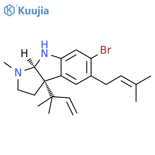 Pyrrolo[2,3-b]indole,6-bromo-3a-(1,1-dimethyl-2-propen-1-yl)-1,2,3,3a,8,8a-hexahydro-1-methyl-5-(3-methyl-2-buten-1-yl)-,(3aR,8aS)-rel-(-)- structure