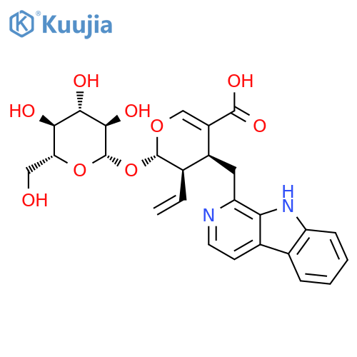 (2S,3R,4S)-3-Ethenyl-4-(9H-pyrido[3,4-b]indol-1-ylmethyl)-2-[(2S,3R,4S,5S,6R)-3,4,5-trihydroxy-6-(hydroxymethyl)oxan-2-yl]oxy-3,4-dihydro-2H-pyran-5-carboxylic acid structure