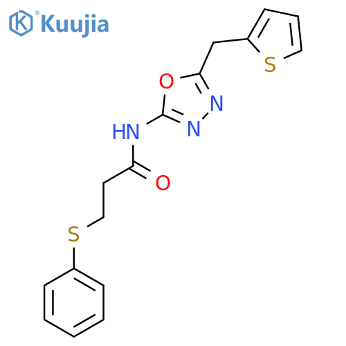 3-(phenylsulfanyl)-N-{5-[(thiophen-2-yl)methyl]-1,3,4-oxadiazol-2-yl}propanamide structure