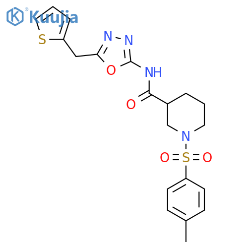 1-(4-methylbenzenesulfonyl)-N-{5-[(thiophen-2-yl)methyl]-1,3,4-oxadiazol-2-yl}piperidine-3-carboxamide structure