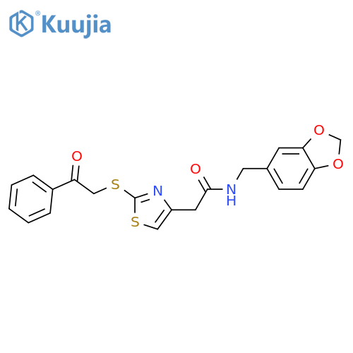 N-[(2H-1,3-benzodioxol-5-yl)methyl]-2-{2-[(2-oxo-2-phenylethyl)sulfanyl]-1,3-thiazol-4-yl}acetamide structure