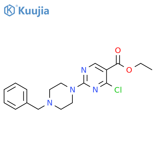 5-Pyrimidinecarboxylic acid, 4-chloro-2-[4-(phenylmethyl)-1-piperazinyl]-, ethyl ester structure