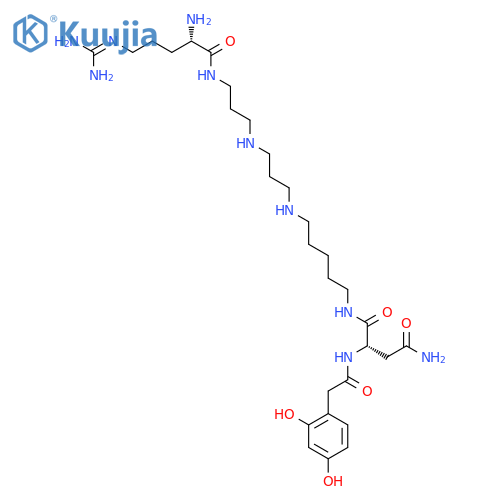 Butanediamide,N1-[(16S)-16,21-diamino-21-imino-15-oxo-6,10,14,20-tetraazaheneicos-1-yl]-2-[[2-(2,4-dihydroxyphenyl)acetyl]amino]-,(2S)- structure