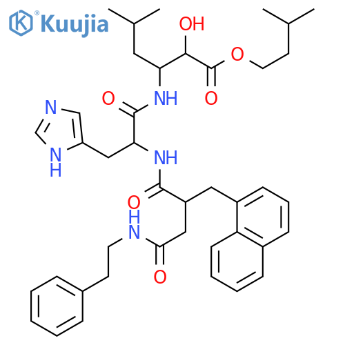 HEXANOIC ACID, 2-HYDROXY-3-[[3-(1H-IMIDAZOL-4-YL)-2-[[2-(1-NAPHTHALENYLMETHYL)-1,4-DIOXO-4-[(2-PHENYLETHYL)AMINO]BUTYL]AMINO]-1-OXOPROPYL]AMINO]-5-METHYL-, 3-METHYLBUTYL ESTER structure