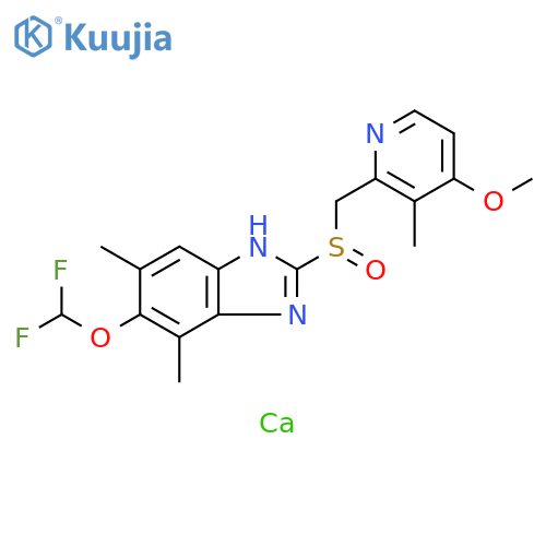 1H-Benzimidazole, 6-(difluoromethoxy)-2-[[(4-methoxy-3-methyl-2-pyridinyl)methyl]sulfinyl]-5,7-dimethyl-, calcium salt (2:1) structure