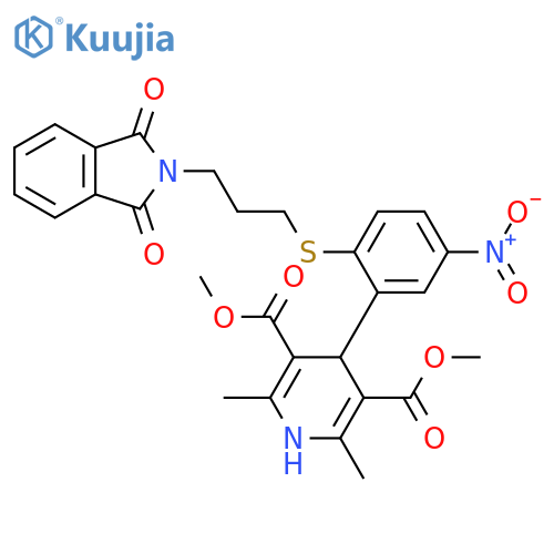 3,5-Pyridinedicarboxylic acid, 4-[2-[[3-(1,3-dihydro-1,3-dioxo-2H-isoindol-2-yl)propyl]thio]-5-nitrophenyl]-1,4-dihydro-2,6-dimethyl-, 3,5-dimethyl ester structure