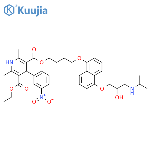3,5-Pyridinedicarboxylic acid, 1,4-dihydro-2,6-dimethyl-4-(3-nitrophenyl)-, 3-ethyl 5-[4-[[5-[2-hydroxy-3-[(1-methylethyl)amino]propoxy]-1-naphthalenyl]oxy]butyl] ester structure