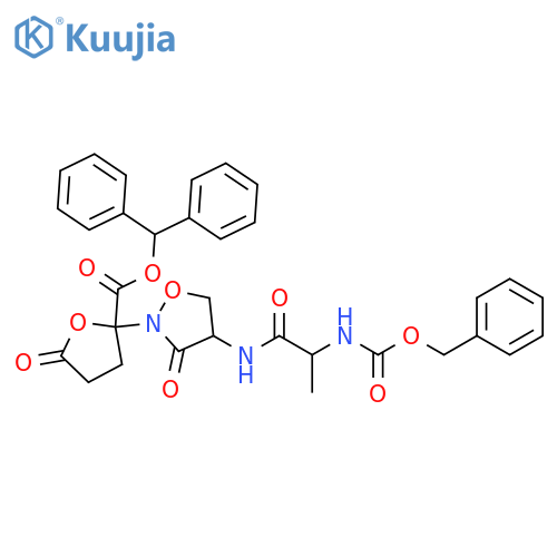 2-Furancarboxylic acid, tetrahydro-5-oxo-2-[3-oxo-4-[[1-oxo-2-[[(phenylmethoxy)carbonyl]amino]propyl]amino]-2-isoxazolidinyl]-, diphenylmethyl ester structure