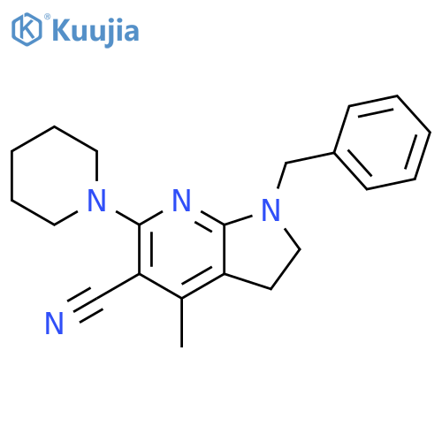 1H-Pyrrolo[2,3-b]pyridine-5-carbonitrile, 2,3-dihydro-4-methyl-1-(phenylmethyl)-6-(1-piperidinyl)- structure