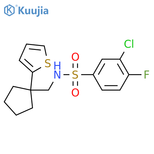 3-chloro-4-fluoro-N-{[1-(thiophen-2-yl)cyclopentyl]methyl}benzene-1-sulfonamide structure