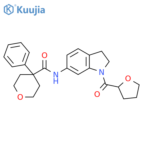 N-1-(oxolane-2-carbonyl)-2,3-dihydro-1H-indol-6-yl-4-phenyloxane-4-carboxamide structure