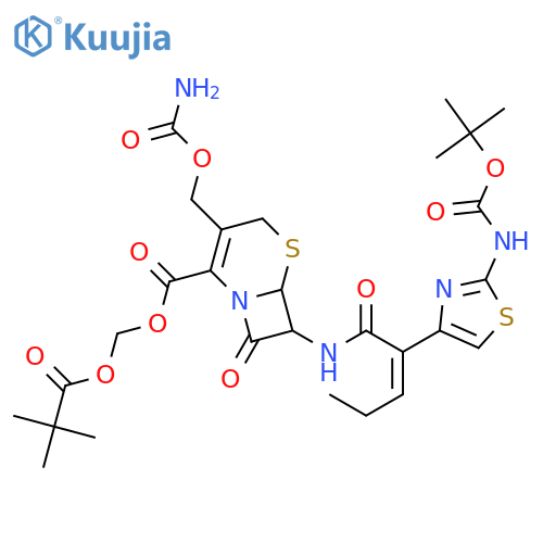 [(2,2-dimethylpropanoyl)oxy]methyl (6R,7R)-7-{[(2Z)-2-{2-[(tert-butoxycarbonyl)amino]-1,3-thiazol-4-yl}pent-2-enoyl]amino}-3-[(carbamoyloxy)methyl]-8-oxo-5-thia-1-azabicyclo[4.2.0]oct-2-ene-2-carboxylate structure