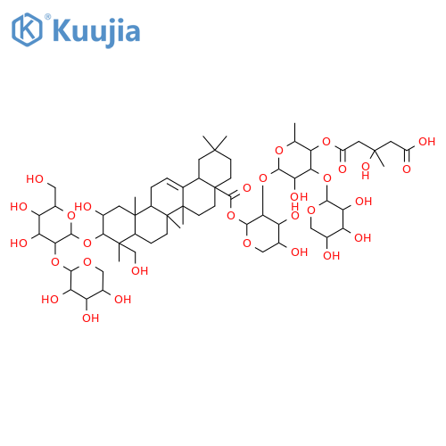 Olean-12-en-28-oic acid, 3-[(2-O-α-L-arabinopyranosyl-β-D-glucopyranosyl)oxy]-2,23-dihydroxy-, O-β-D-xylopyranosyl-(1→3)-O-4-O-(4-carboxy-3-hydroxy-3-methyl-1-oxobutyl)-6-deoxy-α-L-mannopyranosyl-(1→2)-α-L-arabinopyranosyl ester, [2β,3β,4α,28(S)]- (9CI) structure