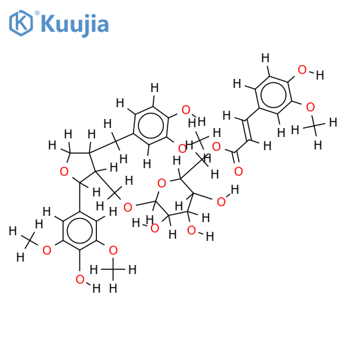 (8R,7'S,8'R)-5'-methoxylariciresinol 9'-O-beta-D-(6-O-E-4-hydroxy-3-methoxycinnamoyl)glucopyranoside structure