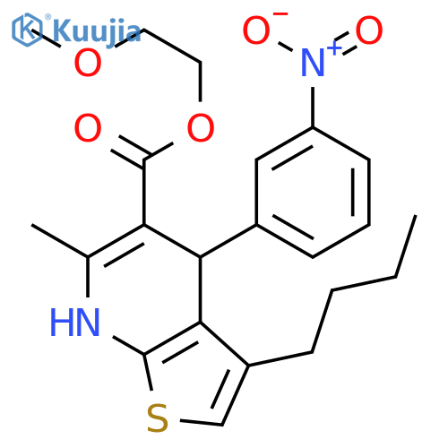 Thieno[2,3-b]pyridine-5-carboxylic acid, 3-butyl-4,7-dihydro-6-methyl-4-(3-nitrophenyl)-, 2-methoxyethyl ester structure