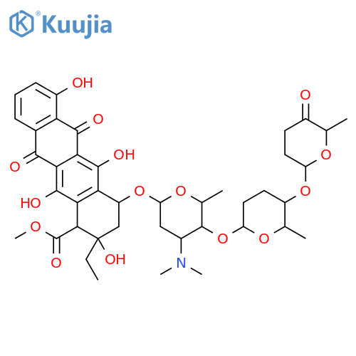 1-Naphthacenecarboxylicacid,2-ethyl-1,2,3,4,6,11-hexahydro-2,5,7,12-tetrahydroxy-6,11-dioxo-4-[[2,3,6-trideoxy-3-(dimethylamino)-4-O-[(2S,5S,6S)-tetrahydro-6-methyl-5-[[(2R,6S)-tetrahydro-6-methyl-5-oxo-2H-pyran-2-yl]oxy]-2H-pyran-2-yl]-a-L-lyxo-hexopyranosyl]oxy]-,methyl ester (9CI) structure