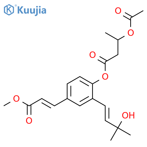 Butanoic acid, 3-(acetyloxy)-, 2-(3-hydroxy-3-methyl-1-butenyl)-4-(3-methoxy-3-oxo-1-propenyl)phenyl ester structure