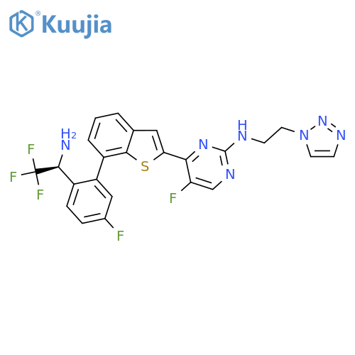 2-Pyrimidinamine, 4-[7-[2-[(1s)-1-amino-2,2,2-trifluoroethyl]-5-fluorophenyl]benzo[b]thien-2-yl]-5-fluoro-n-[2-(1h-1,2,3-triazol-1-yl)ethyl]- structure