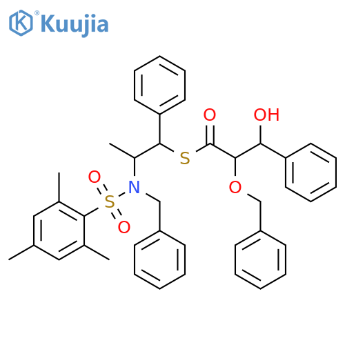 Benzenepropanethioic acid, β-hydroxy-α-(phenylmethoxy)-, S-[(1S,2R)-1-phenyl-2-[(phenylmethyl)[(2,4,6-trimethylphenyl)sulfonyl]amino]propyl] ester, (αR,βS)- structure