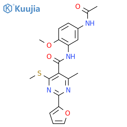 N-(5-acetamido-2-methoxyphenyl)-2-(furan-2-yl)-4-methyl-6-(methylsulfanyl)pyrimidine-5-carboxamide structure