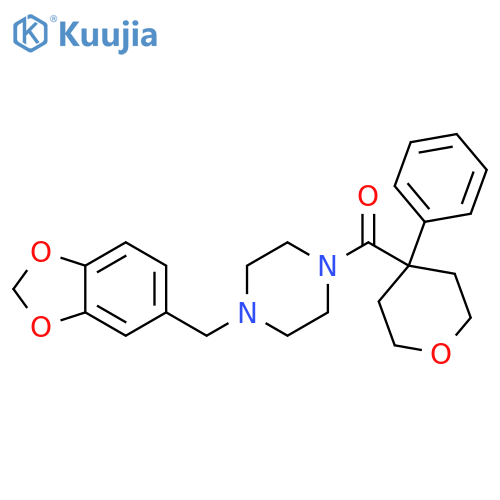 1-(2H-1,3-benzodioxol-5-yl)methyl-4-(4-phenyloxane-4-carbonyl)piperazine structure