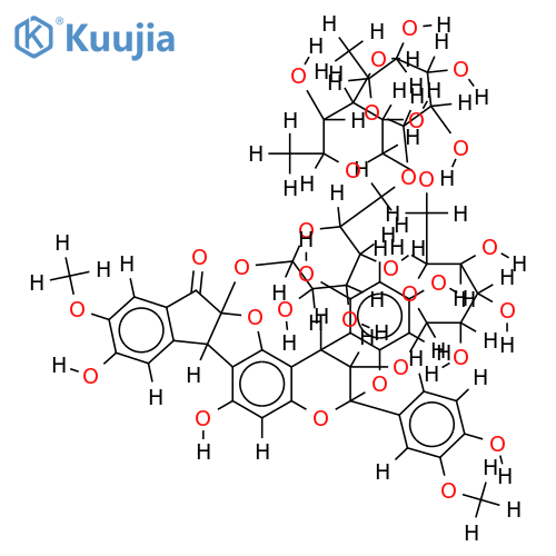 (2R,3S,4S)-3-O-[alpha-L-rhamnopyranosyl-(1->6)-beta-D-glucopyranosyl]-3'-O-methyl-ent-epicatechin-(2alpha->O->3,4alpha->4)-(5aS,10bS)-5a,10b-dihydro-1,3,5a,9-tetrahydroxy-8-methoxy-6H-benz[b]indeno[1,2-d]furan-6-one 5a-O-[alpha-L-rhamnopyranosyl-(1->6)-beta-D-glucopyranoside] structure
