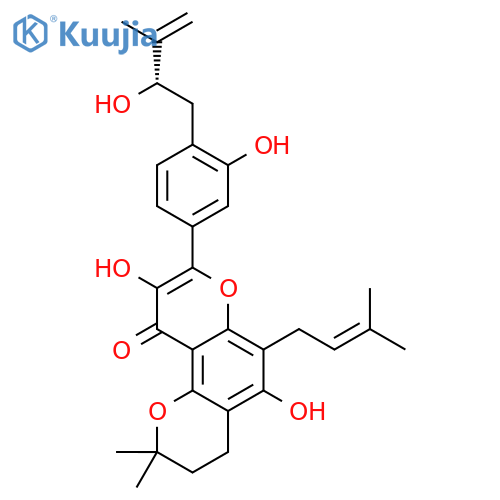 5,6-(2,2-dimethyldihydropyrano)-7,3'-dihydroxy-8-prenyl-4'-(2S-hydroxy-3-methylbut-3-enyl)flavonol structure