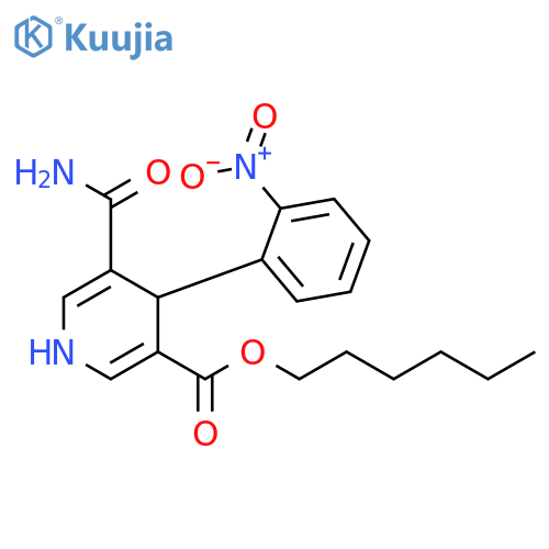 3-Pyridinecarboxylic acid,5-(aminocarbonyl)-1,4-dihydro-4-(2-nitrophenyl)-, hexyl ester structure