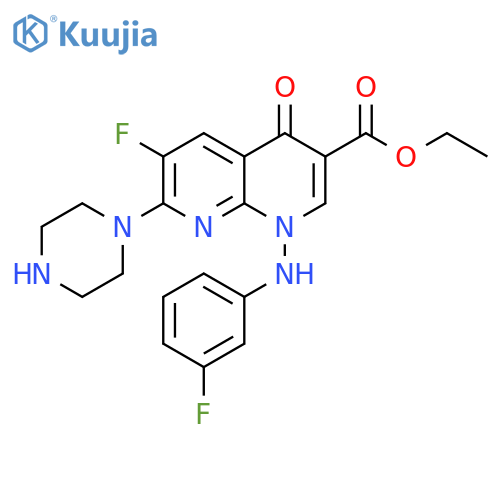 1,8-Naphthyridine-3-carboxylic acid,6-fluoro-1-[(3-fluorophenyl)amino]-1,4-dihydro-4-oxo-7-(1-piperazinyl)-,ethyl ester structure