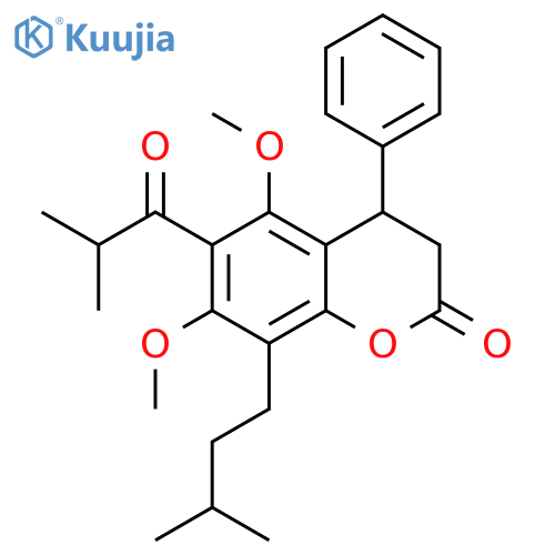 2H-1-Benzopyran-2-one,3,4-dihydro-5,7-dimethoxy-8-(3-methylbutyl)-6-(2-methyl-1-oxopropyl)-4-phenyl- structure