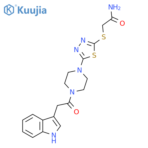 2-(5-{4-2-(1H-indol-3-yl)acetylpiperazin-1-yl}-1,3,4-thiadiazol-2-yl)sulfanylacetamide structure