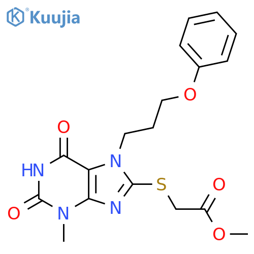 methyl 2-{3-methyl-2,6-dioxo-7-(3-phenoxypropyl)-2,3,6,7-tetrahydro-1H-purin-8-ylsulfanyl}acetate structure
