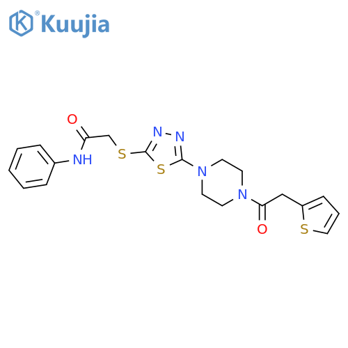 N-phenyl-2-[(5-{4-[2-(thiophen-2-yl)acetyl]piperazin-1-yl}-1,3,4-thiadiazol-2-yl)sulfanyl]acetamide structure
