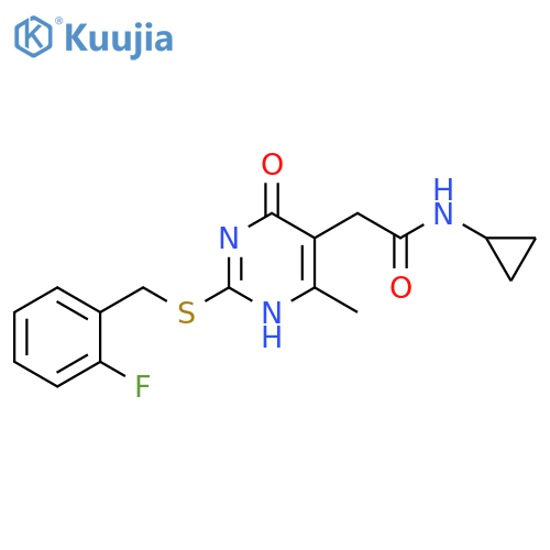 N-cyclopropyl-2-(2-{(2-fluorophenyl)methylsulfanyl}-4-methyl-6-oxo-1,6-dihydropyrimidin-5-yl)acetamide structure