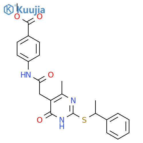 methyl 4-(2-{4-methyl-6-oxo-2-(1-phenylethyl)sulfanyl-1,6-dihydropyrimidin-5-yl}acetamido)benzoate structure