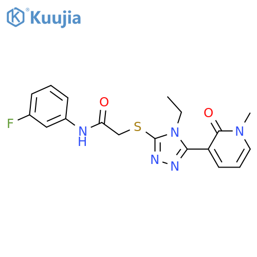2-{4-ethyl-5-(1-methyl-2-oxo-1,2-dihydropyridin-3-yl)-4H-1,2,4-triazol-3-ylsulfanyl}-N-(3-fluorophenyl)acetamide structure