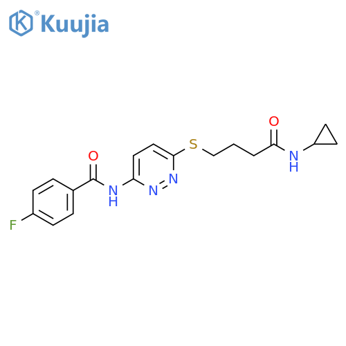 N-(6-{[3-(cyclopropylcarbamoyl)propyl]sulfanyl}pyridazin-3-yl)-4-fluorobenzamide structure