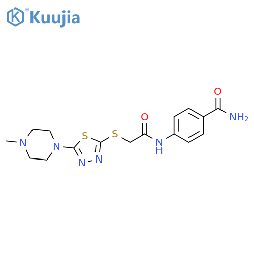 4-(2-{5-(4-methylpiperazin-1-yl)-1,3,4-thiadiazol-2-ylsulfanyl}acetamido)benzamide structure
