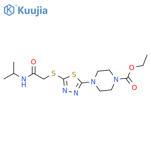 ethyl 4-[5-({[(propan-2-yl)carbamoyl]methyl}sulfanyl)-1,3,4-thiadiazol-2-yl]piperazine-1-carboxylate structure