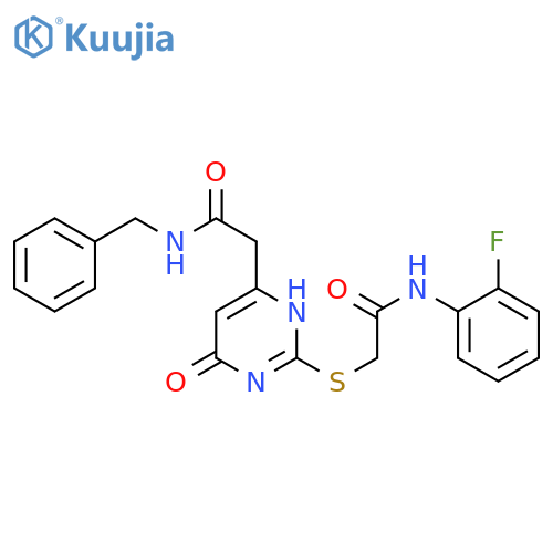 2-({4-(benzylcarbamoyl)methyl-6-oxo-1,6-dihydropyrimidin-2-yl}sulfanyl)-N-(2-fluorophenyl)acetamide structure
