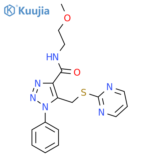N-(2-methoxyethyl)-1-phenyl-5-[(pyrimidin-2-ylsulfanyl)methyl]-1H-1,2,3-triazole-4-carboxamide structure