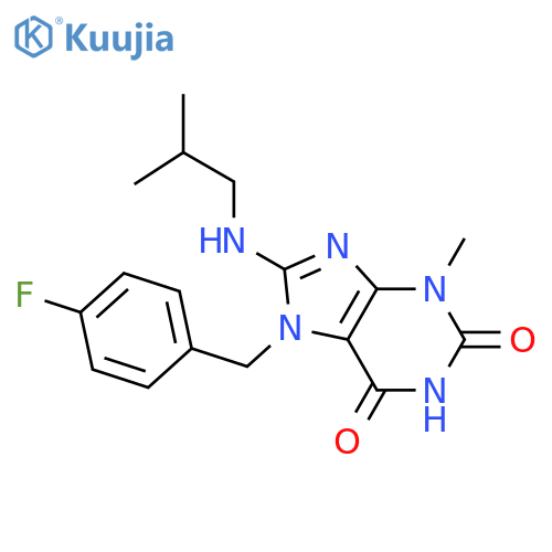 7-(4-fluorophenyl)methyl-3-methyl-8-(2-methylpropyl)amino-2,3,6,7-tetrahydro-1H-purine-2,6-dione structure