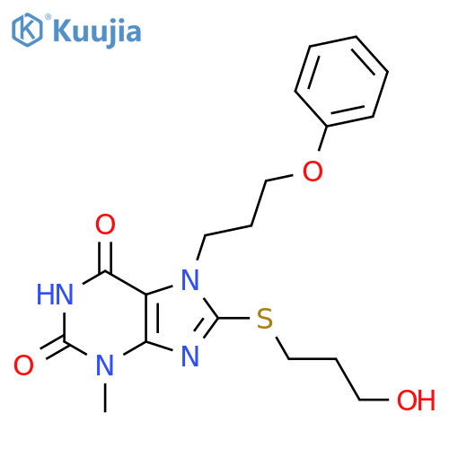 8-(3-hydroxypropyl)sulfanyl-3-methyl-7-(3-phenoxypropyl)-2,3,6,7-tetrahydro-1H-purine-2,6-dione structure